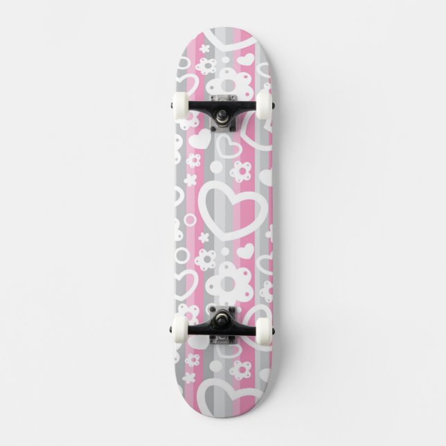 Pattern with Hearts and Flowers Skateboard (Front)