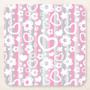 Pattern with Hearts and Flowers Square Paper Coaster