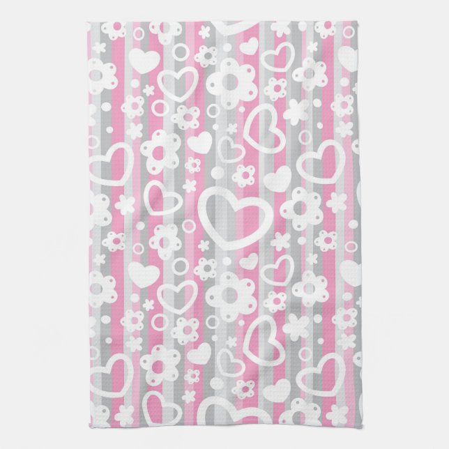 Pattern with Hearts and Flowers Tea Towel (Vertical)
