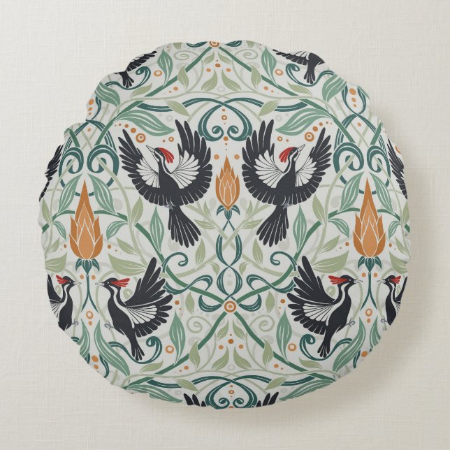 Pattern with Ivory-billed woodpeckers Round Cushion (Front)