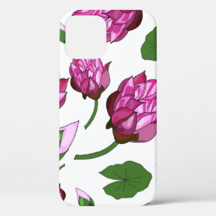 Pattern with lotuses and leaves on a white backgro iPhone 12 case