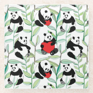 pattern with lovely pandas with hearts glass coaster