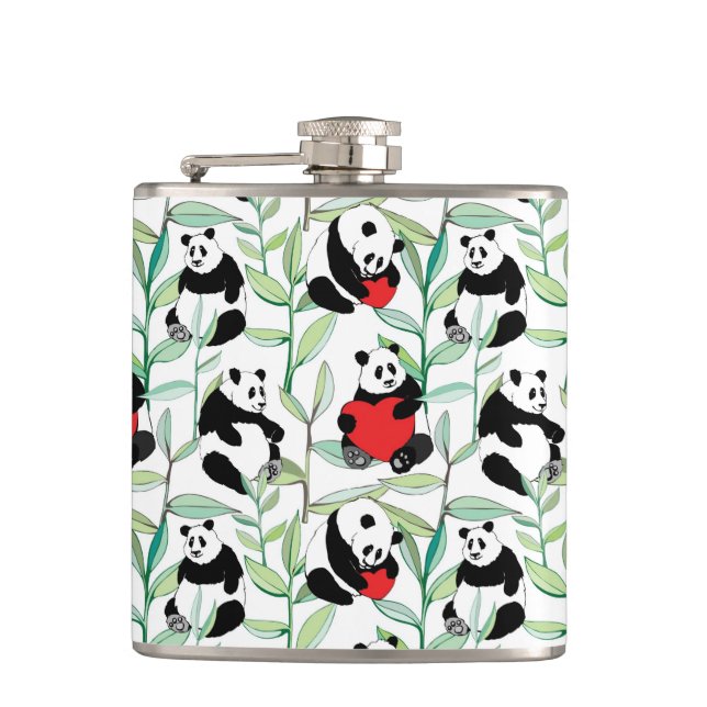 pattern with lovely pandas with hearts hip flask (Front)