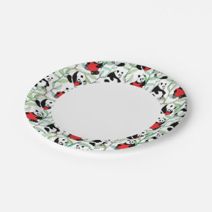 pattern with lovely pandas with hearts paper plate