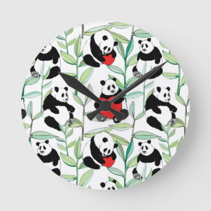 pattern with lovely pandas with hearts round clock
