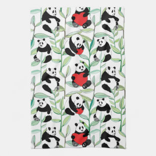 pattern with lovely pandas with hearts tea towel