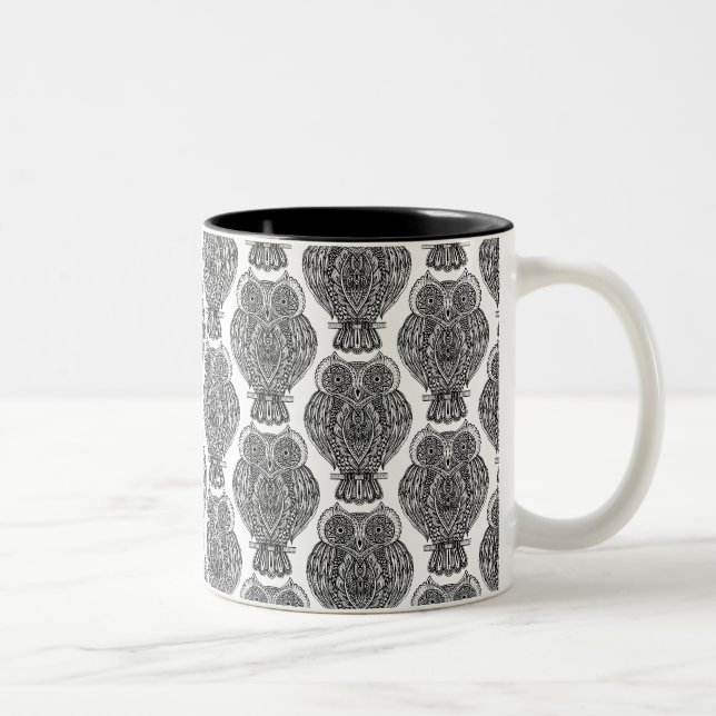 Pattern With Owls Doodle Two-Tone Coffee Mug (Right)