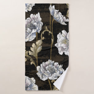Pattern with peony bouquet with baroque gold swirl bath towel