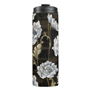 Pattern with peony bouquet with baroque gold swirl thermal tumbler