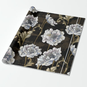 Pattern with peony bouquet with baroque gold swirl wrapping paper