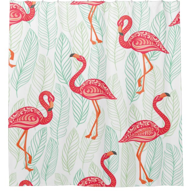 Pattern with pink flamingo ornaments on a backgrou shower curtain (Front)