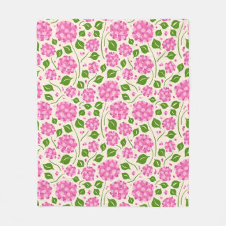 Pattern with pink hydrangeas and green leaves fleece blanket