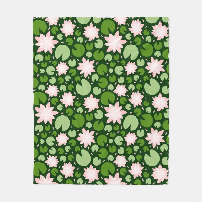 Pattern with pink lotuses and green lily pads fleece blanket (Front)
