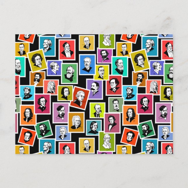Pattern with portraits of the greatest composers announcement postcard (Front)