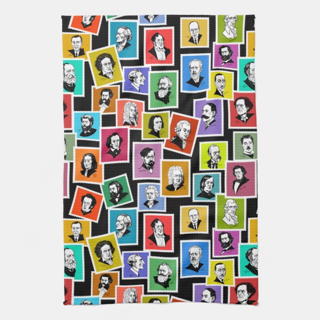 Pattern with portraits of the greatest composers tea towel (Vertical)