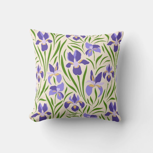 Pattern with purple irises and green leaves cushion (Front)