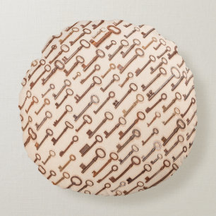 Pattern with real vintage victorian keys on kraft round cushion