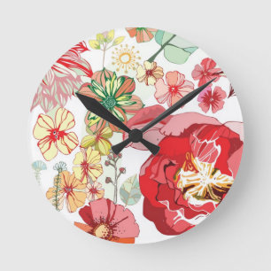 Pattern with red flowers round clock