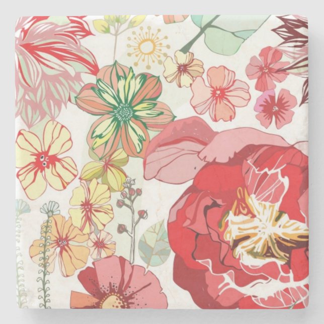 Pattern with red flowers stone coaster (Front)