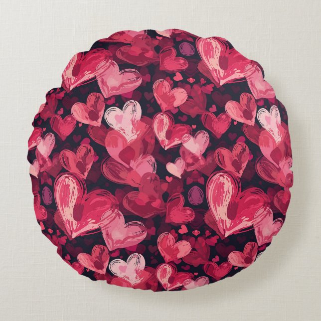 pattern with red hearts for Valentines Day  Round Cushion (Front)