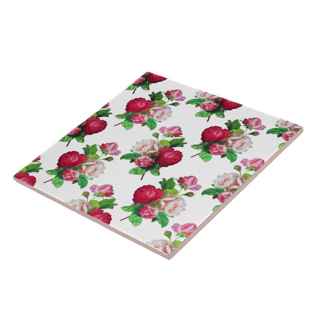 Pattern with Red, White and Pink Roses, Ceramic Tile (Side)