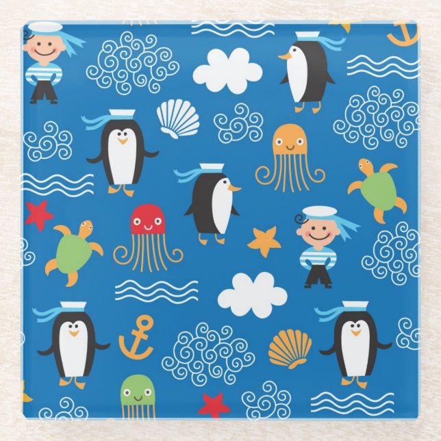 pattern with sea theme glass coaster (Front)