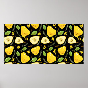 Pattern with sweet yellow pears with leaves, flowe poster
