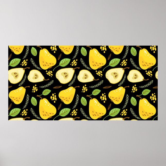 Pattern with sweet yellow pears with leaves, flowe poster (Front)