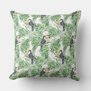 Pattern with toucan and green palm leaves cushion