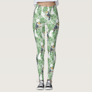 Pattern with toucan and green palm leaves leggings
