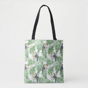 Pattern with toucan and green palm leaves tote bag