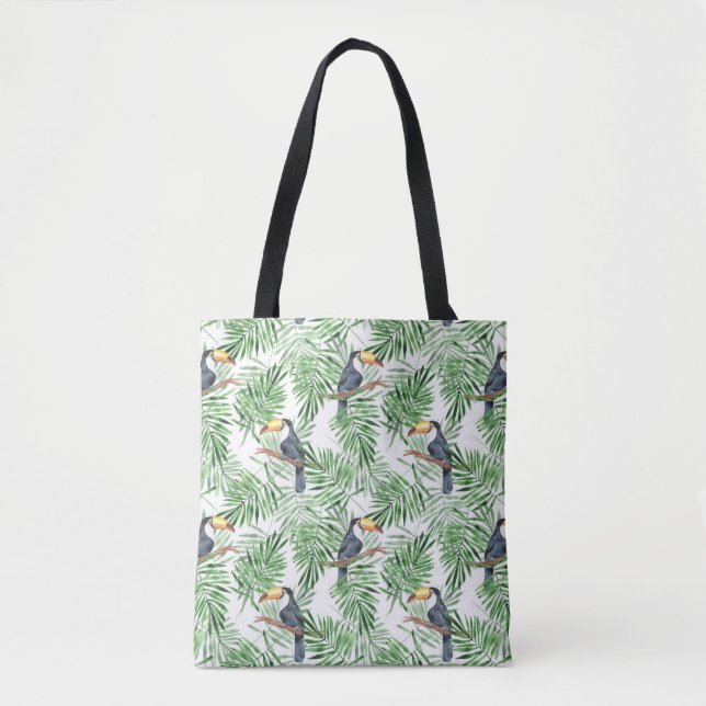 Pattern with toucan and green palm leaves tote bag (Front)