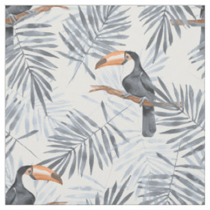 Pattern with toucan and grey palm leaves fabric