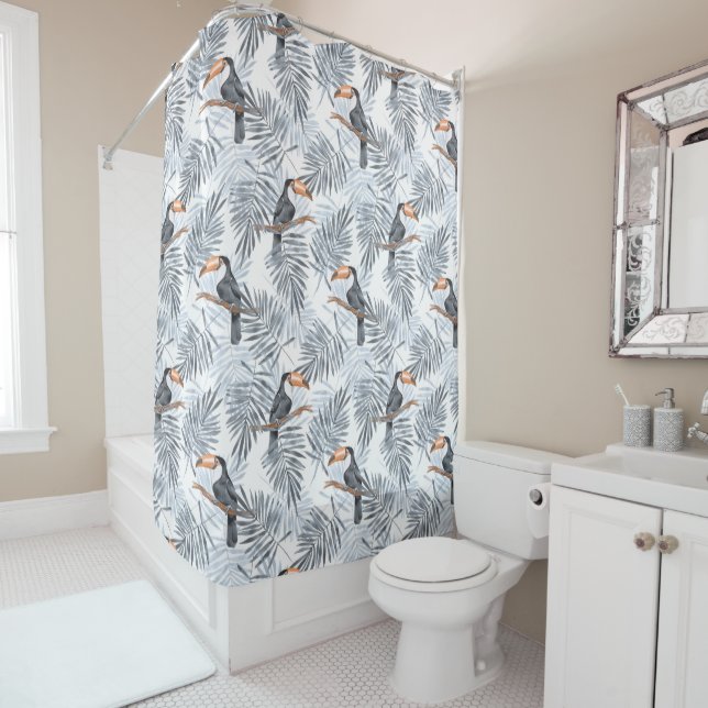 Pattern with toucan and grey palm leaves shower curtain (In Situ)