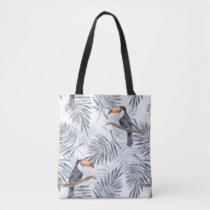 Pattern with toucan and grey palm leaves tote bag