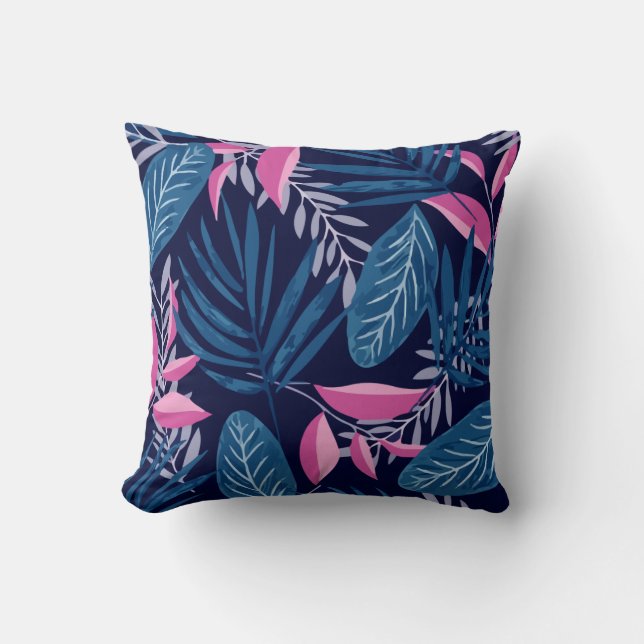 Pattern With Tropical Flora Blue And Pink Cushion (Front)