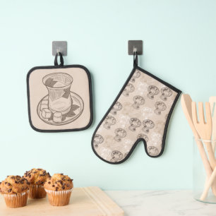 Pattern with turkish tea cup saucer sugar cubes oven mitt & pot holder set