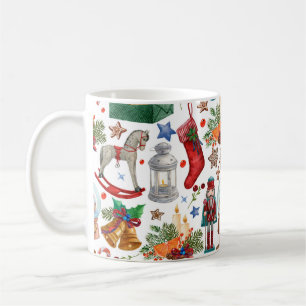 Pattern with Vintage Christmas ornaments, toy and Coffee Mug