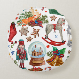 Pattern with Vintage Christmas ornaments, toy and Round Cushion