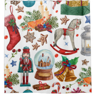 Pattern with Vintage Christmas ornaments, toy and Shower Curtain
