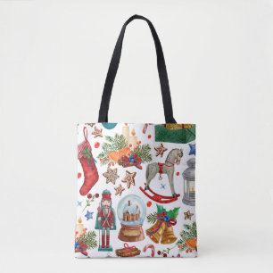 Pattern with Vintage Christmas ornaments, toy and  Tote Bag