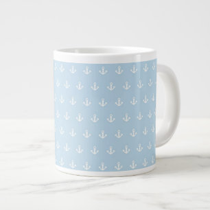 Pattern with white anchors on blue large coffee mug
