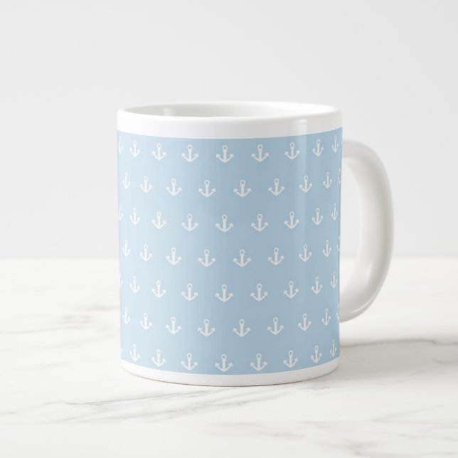 Pattern with white anchors on blue large coffee mug (Front Right)