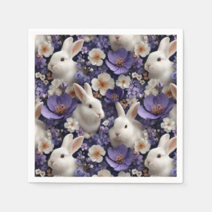 Pattern with White Rabbits and Purple Flowers Napkin