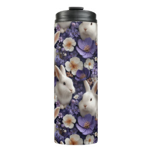 Pattern with White Rabbits and Purple Flowers Thermal Tumbler