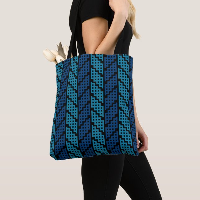 Patterned Blue & Black Modern Pattern Tote Bag (Close Up)
