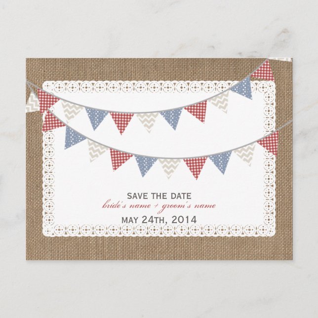 Patterned Bunting Burlap Inspired Save The Date Announcement Postcard (Front)