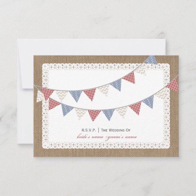 Patterned Bunting Burlap & Lace Inspired RSVP (Front)