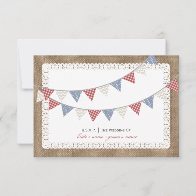Patterned Bunting Burlap & Lace Inspired RSVP Card (Front)