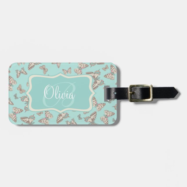 Patterned butterflies teal named luggage tag (Front Horizontal)